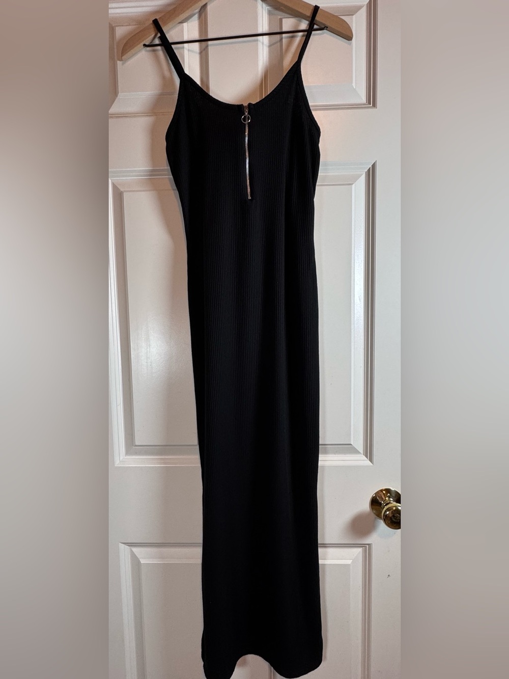 Sleek Black Ribbed Maxi Dress w/Front Zip,sleeveless, minimalist, made in USA